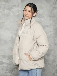 少女刺绣字母图案拉链夹棉大衣 - 杏色 - 查看 5