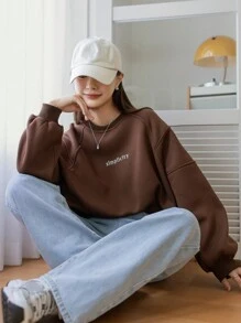 Dazy-Less 字母图案插肩袖保暖内衬超大套头衫、长袖上衣、秋装运动衫 - 棕色 - 查看 2