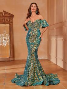Faeriesty Off Shoulder Puff Sleeve Mermaid Hem Sequin Formal Dress - Dark Green - View 6