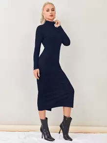 SHEIN Essnce Cổ giả Tách đùi Váy bodycon - Màu xanh hải quân - Xem 4
