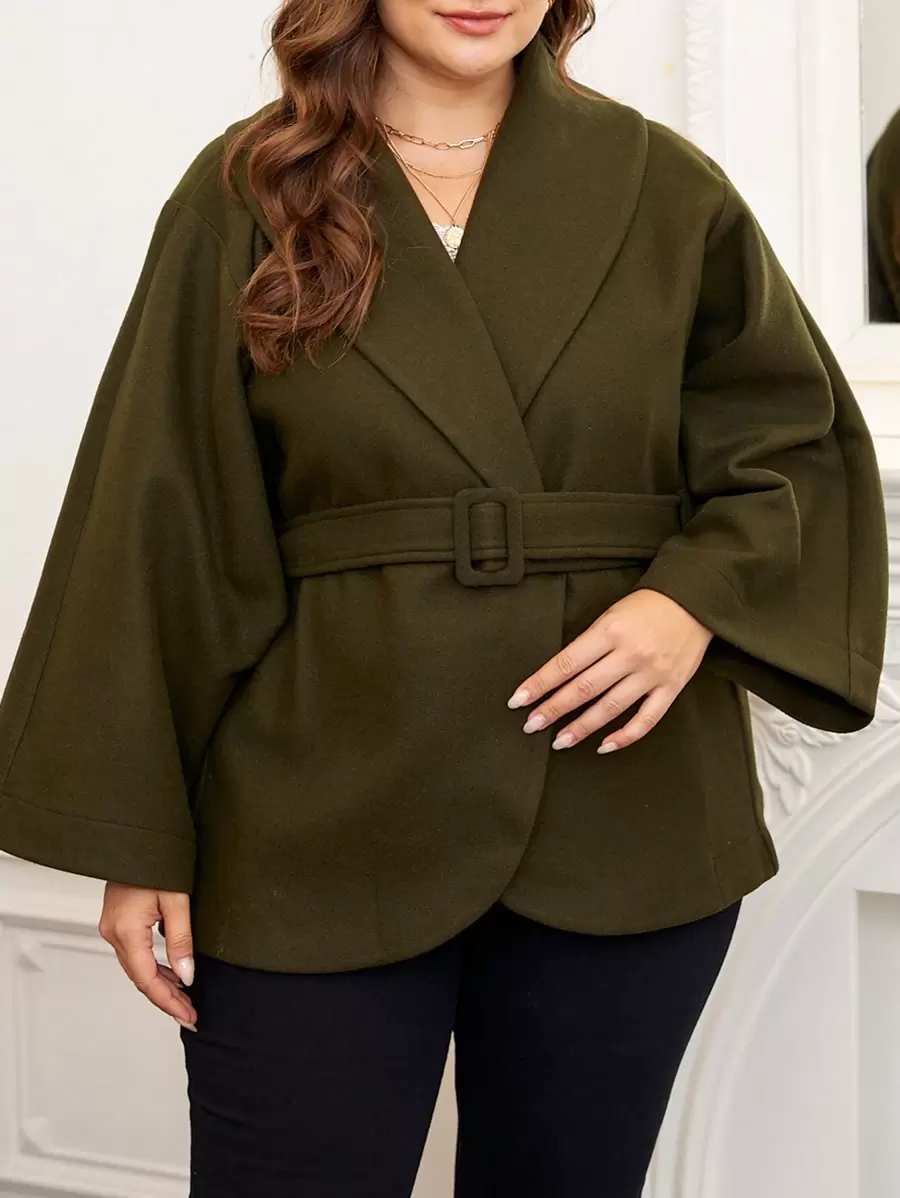 Flirla Plus Shawl Collar Belted Overcoat - Army Green - View 1