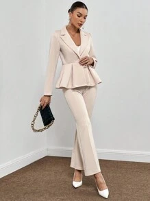 SHEIN Privé Cổ áo Xoay eo Áo vest & Quần ống loe - Màu be - Xem 6