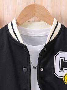 SHEIN Cô gái Đồ họa Chữ cái Sọc trang trí Khối màu Áo khoác Đại học Without Tee - Đen và trắng - Xem 4