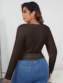 SHEIN Privé Plus Solid Hanky Hem Tee - Brown - View 2