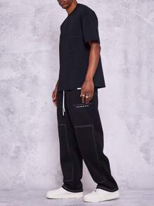 SUMWON 街头阔腿运动裤对比缝线抽绳运动休闲健身运动休闲秋季裤子运动休闲宽松休闲 - 黑色 - 查看 6