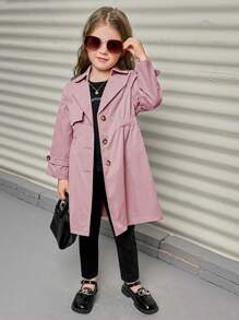 SHEIN Young Girl Lapel Neck Trench Coat - Pink - View 5