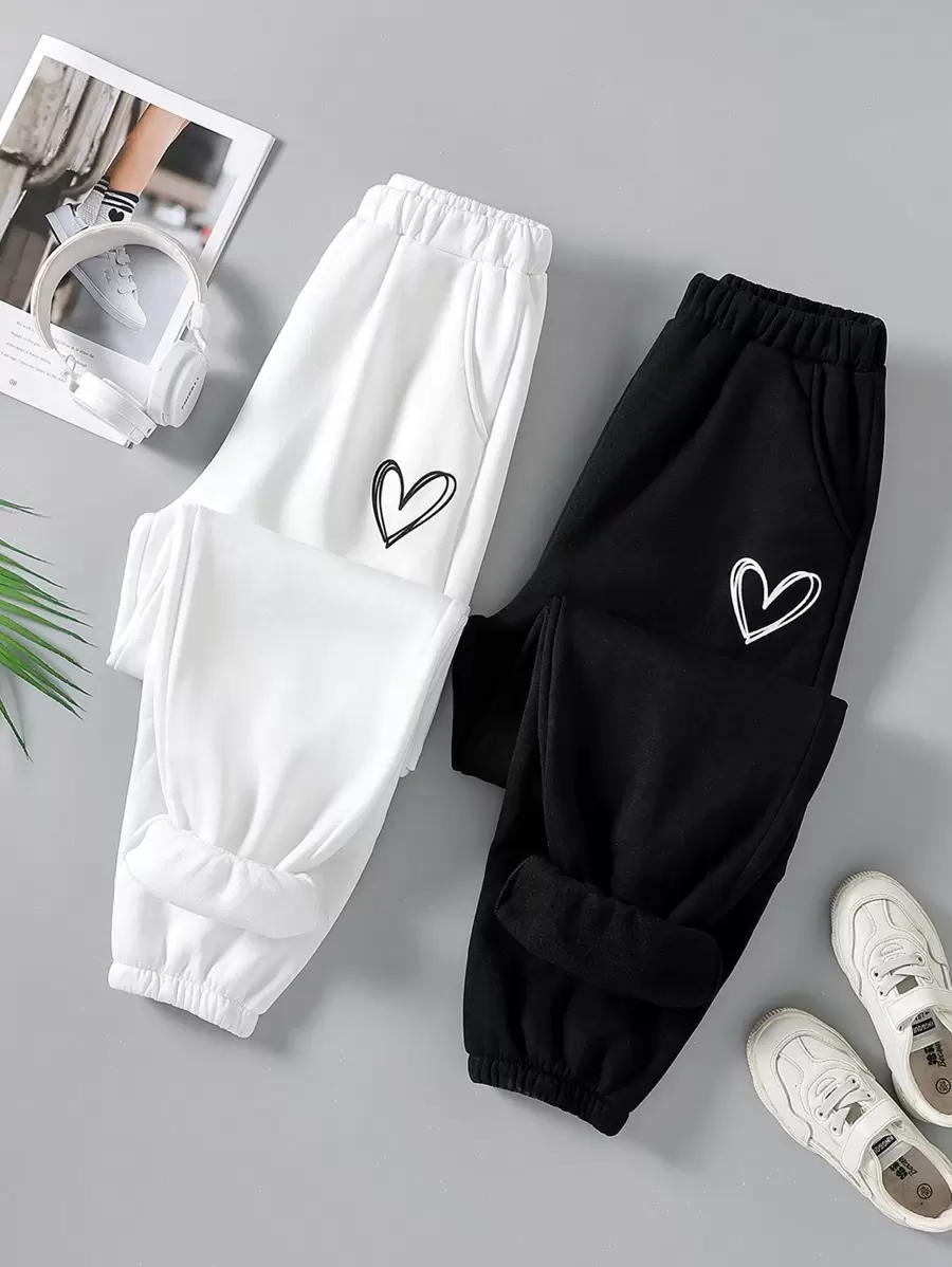 Sparklyn Conjunto de 2 piezas de sudadera y pantalones impresos con corazón, básico para otoño/invierno 2024, estilo campus deportivo para niña preadolescente - Negro y Blanco - Blanco y Negro - Ver 1