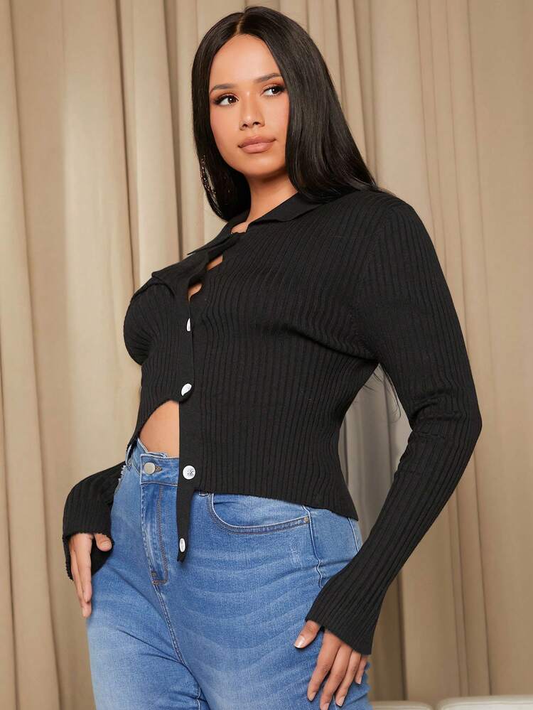 Plus Button Front Asymmetrical Hem Cardigan