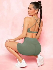 VARSITIE 素色寬腰帶運動短褲 - 灰色 - 查看 6