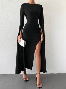 SHEIN Cottnline Solid Split Thigh Cloak Sleeve Split Thigh Dress - Black - View 1