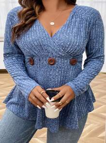 SHEIN CURVE+ Plus Button Detail V Neck Peplum Tee - Multicolor - View 3