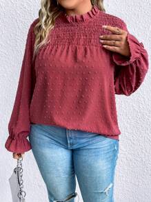 SHEIN Clasi Hơn Chấm Swiss Tay áo loe Lá sen tỉa Cổ giả Áo sơ mi - Màu Đỏ Sâu - Xem 5