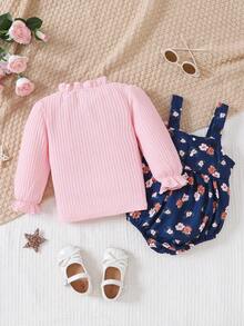 Đứa bé gái tay áo lá sen Áo thun & In hoa Romper tổng thể - Hồng - Xem 2