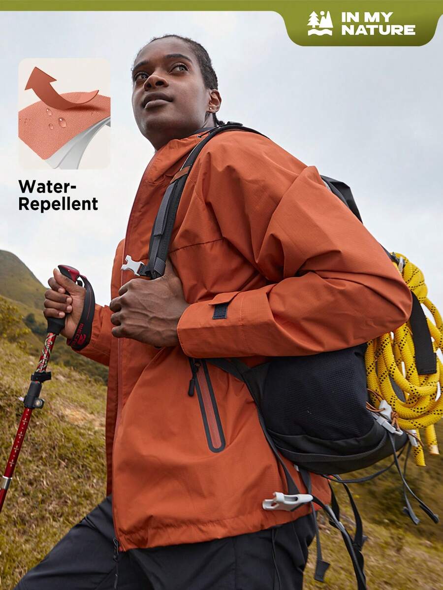 In My Nature 男士字母圖案拉鏈開襟連帽防風夾克 - 橘色 - 查看 1