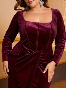 YISIKADO 大码开叉天鹅绒长裙长袖正式舞会礼服优雅新年派对女士连衣裙 - 酒紅色 - 查看 4