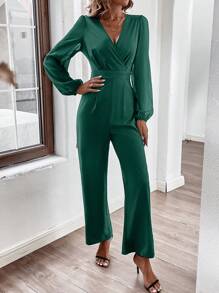 SHEIN Frenchy Surplice Neck Lantern Sleeve Wide Leg Jumpsuit - Green - View 6