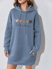 SHEIN EZwear 愛心和字母圖案袋鼠口袋落肩袖抽繩連帽洋裝 - 藍色 - 查看 6