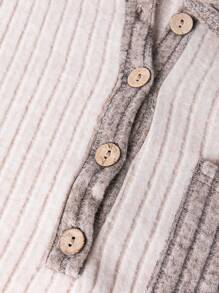 SHEIN LUNE Contrast Collar Drop Shoulder Half Button Tee - Khaki - View 3