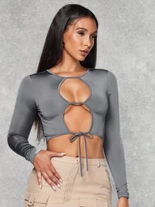 SHEIN BAE Cut Out Front Tie Front Crop Top - Dark Grey - View 4