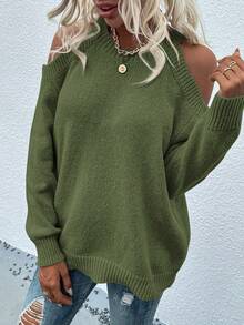 EMERY ROSE Cold Shoulder Solid Sweater - Army Green - View 5