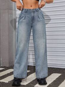 SHEIN ICON Chất rắn quần ống rộng Quần jean - Rửa nhẹ - Xem 1