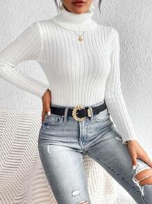 SHEIN Frenchy Turtleneck Ribbed Knit Sweater,Long Sleeve Tops Autumn Winter Clothes For Women Casual - White - View 3