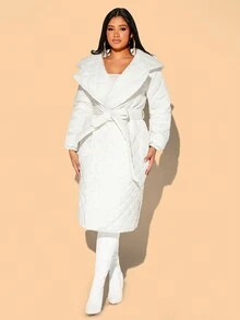 SHEIN SXY 大翻領腰帶絎縫外套 - 白色 - 查看 6