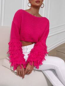 SHEIN Privé Fringe Trim Drop Shoulder Crop Sweater - Hot Pink - View 6
