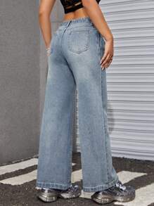 SHEIN ICON Chất rắn quần ống rộng Quần jean - Rửa nhẹ - Xem 2