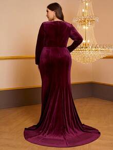 YISIKADO 大码开叉天鹅绒长裙长袖正式舞会礼服优雅新年派对女士连衣裙 - 酒紅色 - 查看 2