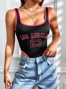 SHEIN EZwear 女士街头运动装 Blockcore 运动夏季休闲彩色块字母和数字印花装饰紧身衣 - 彩色 - 查看 4