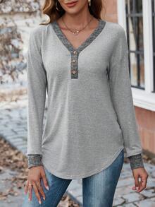 SHEIN LUNE 拼接邊落肩T恤 - 淺灰色 - 查看 4