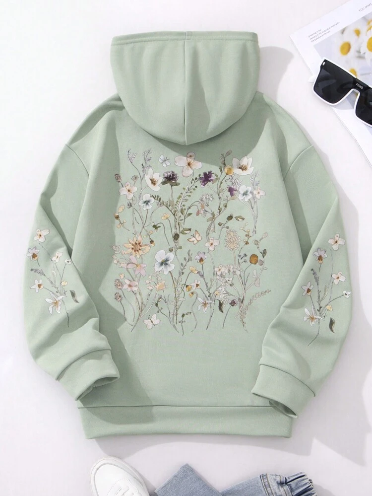 Tween Girl Floral Kangaroo Pocket Drawstring Thermal Sweatshirt