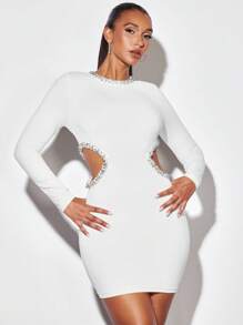 SHEIN BAE Rhinestone Detail Cut Out Waist Bodycon Dress - White - View 3