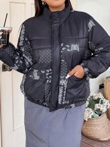 Flirla Plus Paisley Scarf Print Zip Up Padded Padded Coat Clothes Winter Fall Cloth For Women - Black - View 1
