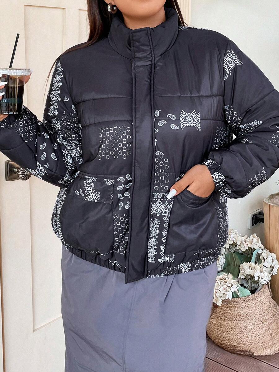 Flirla Plus Paisley Scarf Print Zip Up Padded Padded Coat Clothes Winter Fall Cloth For Women - Black - View 1