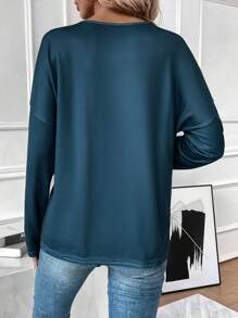 SHEIN LUNE 羽毛印花落肩T恤 - 藍色 - 查看 2