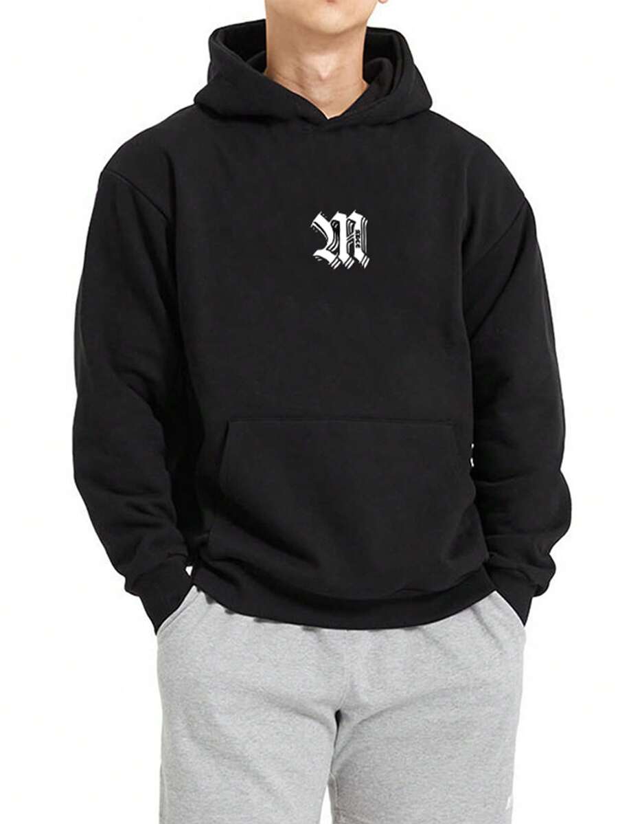 Manfinity Sport Corelite Men Letter Graphic Kangaroo Pocket Hooded Sports Sweatshirt - Black - View 1