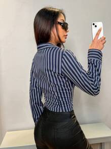 Flirla Camisa con estampado de rayas con diseño de solapa - Azul Marino - Ver 2