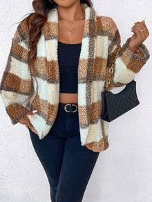 SHEIN Unity Plus Size Women's Plaid Drop Shoulder Long Sleeve Sherpa Casual Jacket - Camel - View 6