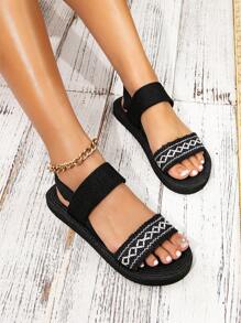 Ladies' Elastic Band Fashion Vacation Beach Sandals For Going Out - Black and White - View 4