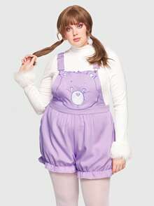 ROMWE X Care Bears Plus Cartoon Embroidered Ruffle Trim Overall Romper - Purple - View 5