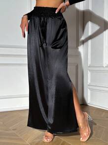 Allurite Tie Waist Split Thigh Wide Leg Pants - Black - View 5
