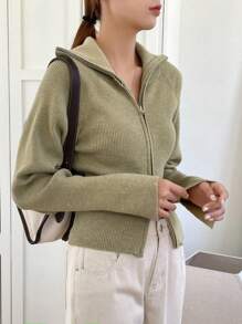 DAZY Zip Up Raglan Sleeve Ribbed Knit Cardigan,Long Sleeve Tops