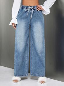 SHEIN Drawstring Waist Wide Leg Jeans - Light Wash - View 1