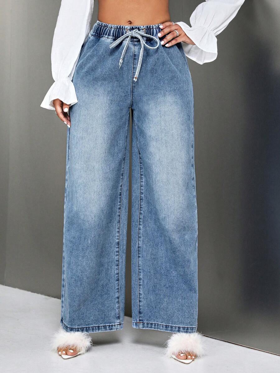 SHEIN Drawstring Waist Wide Leg Jeans - Light Wash - View 1