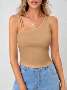 SHEIN Essnce 素色不對稱領不規則肩背帶肩帶領上衣 - 卡其色 - 查看 4