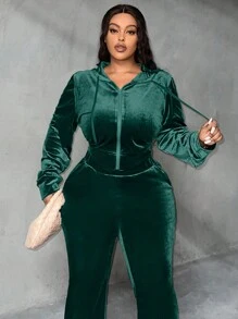 Slaydiva Hơn Dây kéo Dây rút áo có mũ Áo khoác & Quần ống loe - Màu xanh lá cây đậm - Xem 3