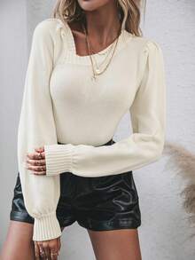 SHEIN Essnce Solid Asymmetrical Neck Lantern Sleeve Sweater - Beige - View 6