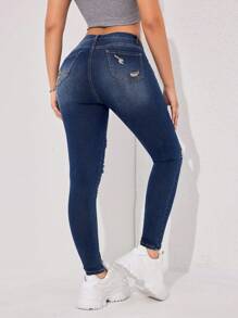 SHEIN EZwear 破洞緊身牛仔褲 - 深色水洗藍 - 查看 3